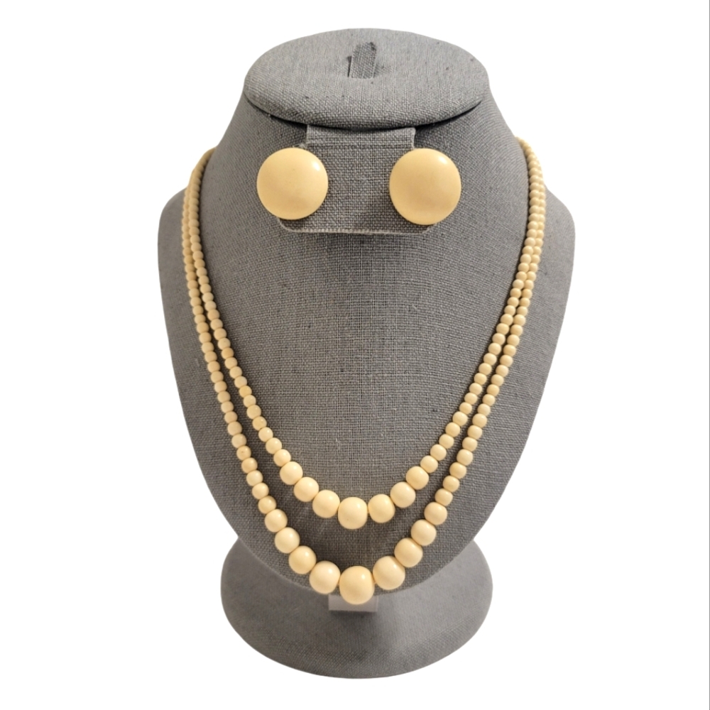 Ivory Double Strand Necklace & Clip On Earrings Set Authentic Vintage Jewelry